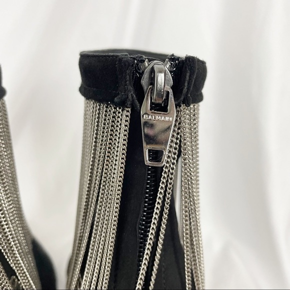 Balmain Mercy Suede Chain Fringe Pointed Toe Stiletto Heeled Ankle Boots Black - Picture 8 of 14